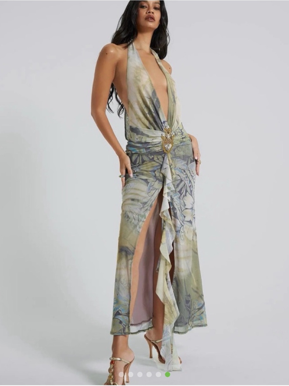 Jaded London Cindy Plunge Sage and Blue Floral Halter Ruffle Maxi Dress - Picture 6 of 7